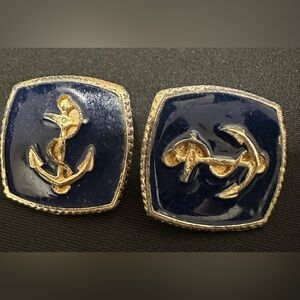 Vintage Navy and Gold Anchor Nautical Earrings
